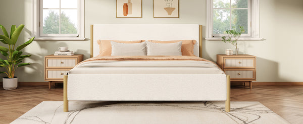 English Elm Christopher Knight Home® - Modern White Boucle Upholstered Bed – Stylish Queen Size With Natural Rubberwood Legs For Comfort N769P266445Q