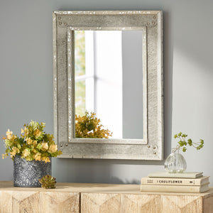 Christopher Knight Home® - Noble House - Dyar Handcrafted Boho Studded Leather Rectangle Wall Mirror, Gray and Silver