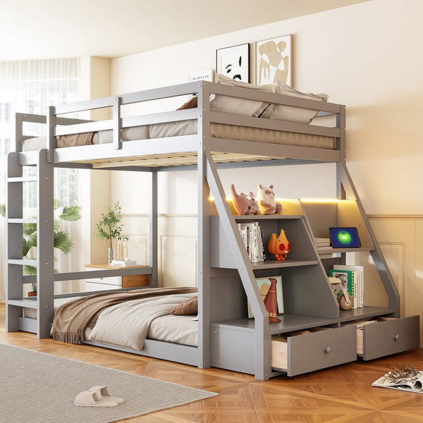 English Elm Full Bunk Bed with App Led Lighting Usb Charging Storage Drawers Kids Bedroom Gray N820S00080E