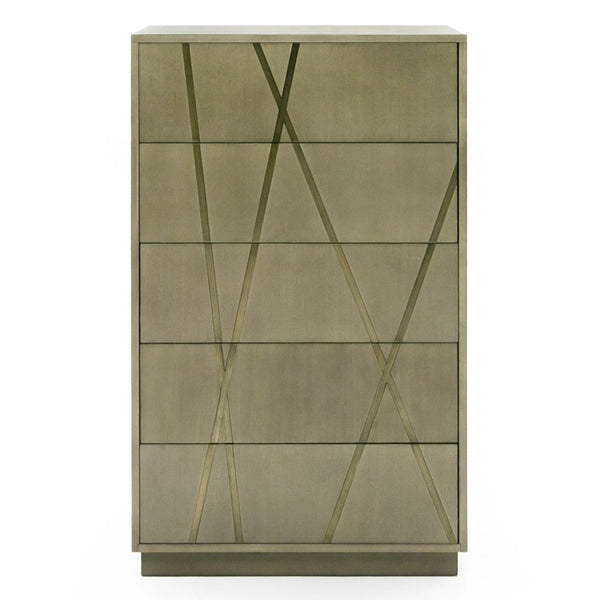 VIG Furniture Nixa Wide Birch Chest With Brushed Bronze Crisscross Accents, Soft-Close Drawers & Mirrored Finish VGVC-J1909-5H-L-BIR