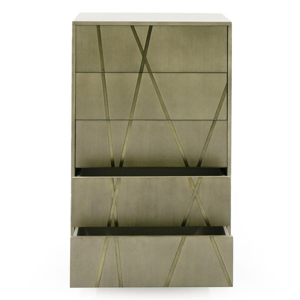 VIG Furniture Nixa Wide Birch Chest With Brushed Bronze Crisscross Accents, Soft-Close Drawers & Mirrored Finish VGVC-J1909-5H-L-BIR