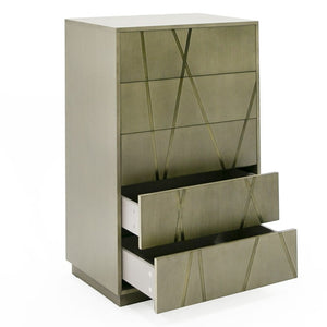 VIG Furniture Nixa Wide Birch Chest With Brushed Bronze Crisscross Accents, Soft-Close Drawers & Mirrored Finish VGVC-J1909-5H-L-BIR