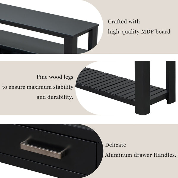 English Elm U_style Wide Painted Console Table Four Drawers Open Shelves Foyer Living Room Black N711P410406B