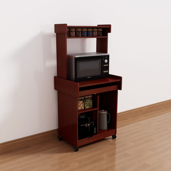 English Elm Microwave Mobile Cart with Hutch and Locking Castors — Versatile Coffee, Office & Appliance Station Mahogany B107P283310