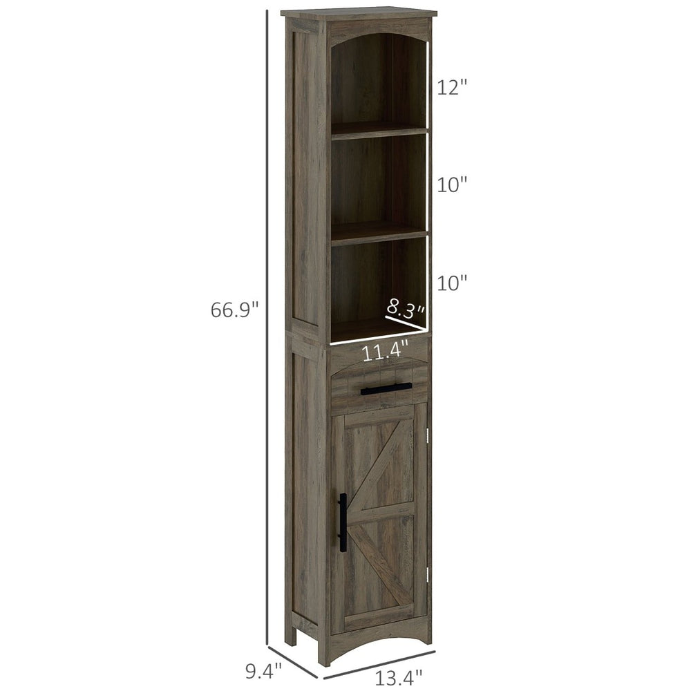 English Elm Narrow Farmhouse Storage Cabinet Sliding Barn Door Weathered Oak Finish Bathroom Tower T3971P430727