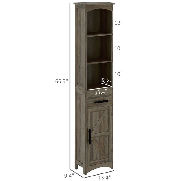 English Elm Narrow Farmhouse Storage Cabinet Sliding Barn Door Weathered Oak Finish Bathroom Tower T3971P430727