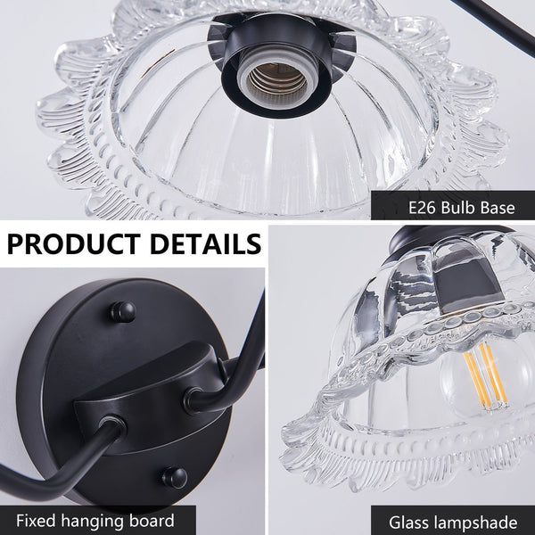English Elm 20 Inch 2-Light Vintage Bathroom Wall Sconce with Iron and Glass Shades – Elegant Vanity Lighting for Mirror and Hallway Black W2312P374842