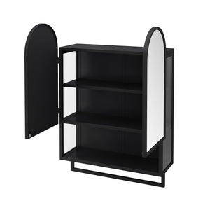 English Elm 23.62" Modern Double-Arched Mirror Cabinet with Tempered Glass, Metal Frame, Shelf & Towel Rack Storage Black W757P314586