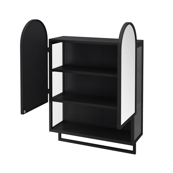 English Elm 23.62" Modern Double-Arched Mirror Cabinet with Tempered Glass, Metal Frame, Shelf & Towel Rack Storage Black W757P314586