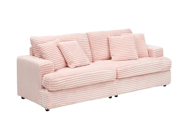 English Elm 79.3 Corduroy Sofa with 4 Toss Pillows – Luxurious Plush Fabric, Sturdy Frame, Spacious 3-Seater Comfort Pink W1658S00043