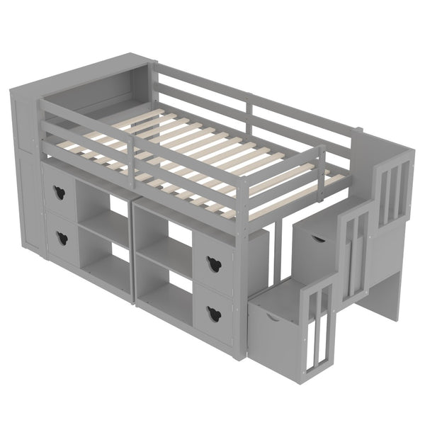 English Elm Twin Kids Low Loft Bed with Stair Drawers Built-in Led Shelving and Bear Handles W697S00040