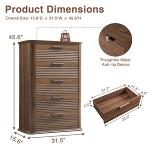 English Elm 6 Drawer Tall Fluted Chest with Waveform Fronts Slim Wooden Storage for Modern Bedroom Walnut T5326P425092