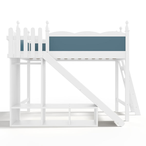 English Elm Twin Loft Bed Solid Pine Frame with Wardrobe Shelving Detachable Slide Kids Room White+Blue W5305S00019