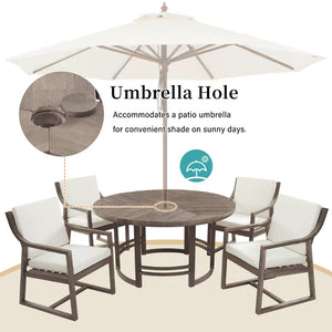 English Elm Outdoor Acacia Wood Dining Set Seats Six with Cushioned Armrest Chairs for Patio Beige+Brown N719Z000230D