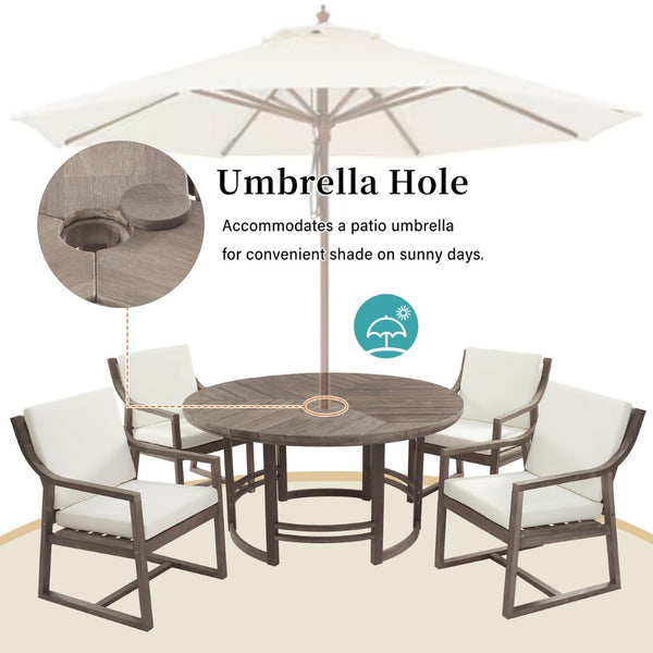 English Elm Outdoor Acacia Wood Dining Set Seats Six with Cushioned Armrest Chairs for Patio Beige+Brown N719Z000230D