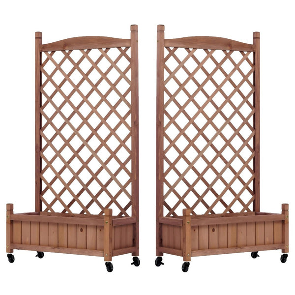 English Elm Raised Wood Planter Boxes with Integrated Trellis for Climbing Vines Set of Two D720094446