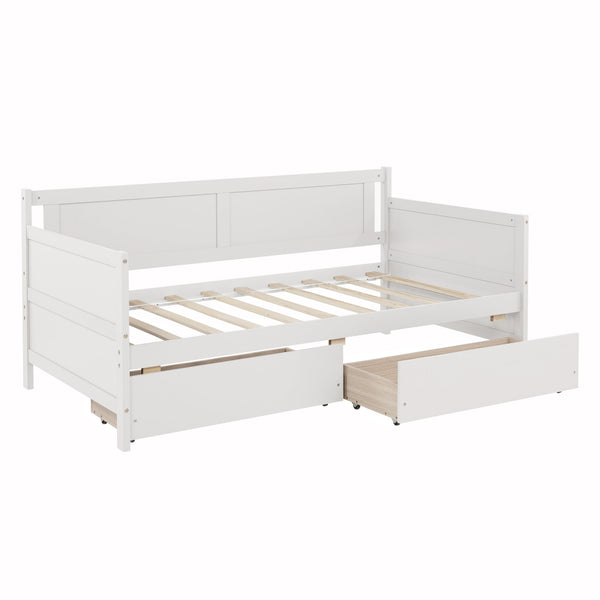 English Elm Twin Pine Wood Daybed with Two Hidden Storage Drawers, Space-Saving Twin Sofa Bed with Clean Silhouette White W504P149045