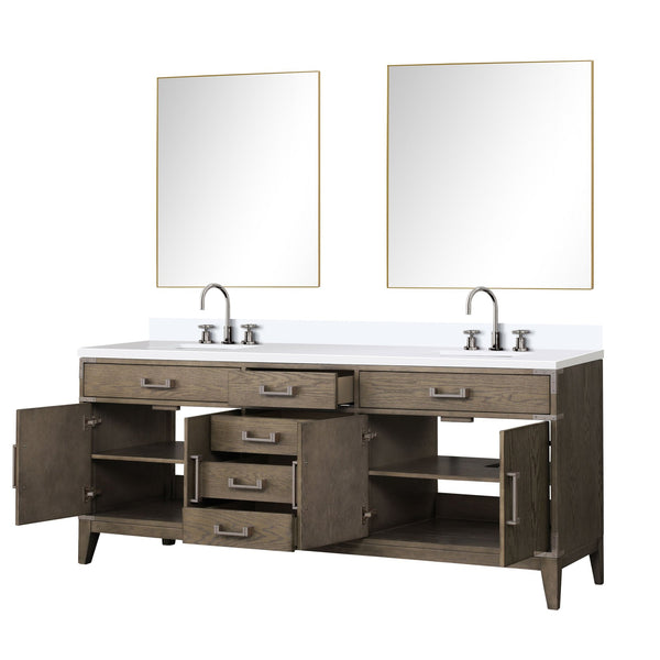 English Elm Grey Oak Double Bath Vanity 80" W x 22" D with White Quartz Top, Chrome Faucets & Dual 36" Mirrors B2731S01876
