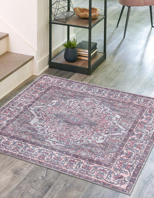 Unique Loom Mangata Mireille Machine Made Border Rug Beige and pink, Light Blue/Gray/Red/Black 7' 10" x 7' 10"