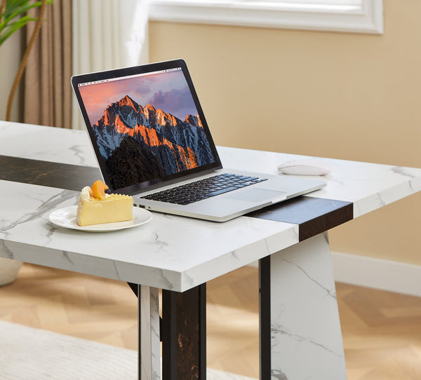 English Elm 70.9"Rectangular Waterproof Large Dining Table for 8 with Marble Top, Steel Frame, Adjustable Legs White+Black W1162P291768