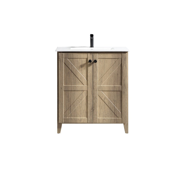 English Elm 30 Inch Floating Bathroom Vanity Fluted Wood Grain Front with Ceramic Integrated Sink Antique Grey W3520S00032