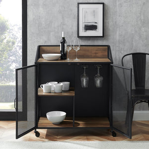 English Elm Walker Edison - Urban Industrial Mesh Door Tray-Top Bar Cabinet Rustic Oak Dark Brown w/ Stemware Rack & Locking Casters B185P244094