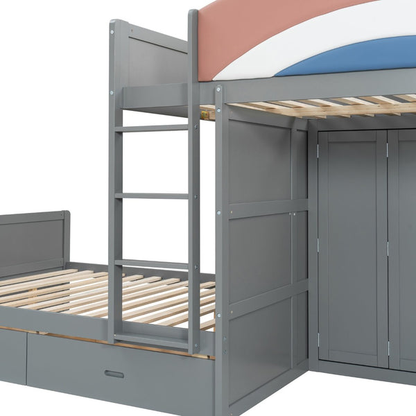 English Elm Full Size Offset Bunk Bed with Wardrobe Hanging Rod Drawers and Upholstered Rail Gray N820S00081E