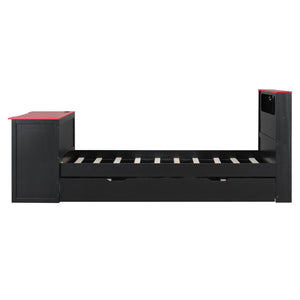 English Elm Twin Wood Gaming Daybed with Trundle Built-in Desk Rgb Lighting and Usb Port Black+Red LT000283AAR