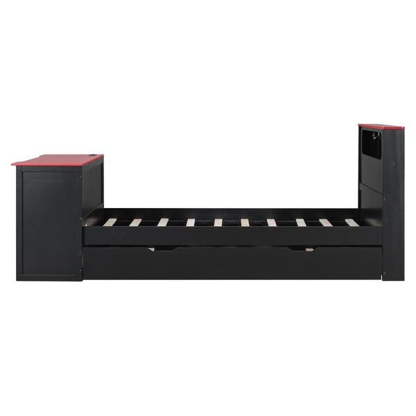 English Elm Twin Wood Gaming Daybed with Trundle Built-in Desk Rgb Lighting and Usb Port Black+Red LT000283AAR