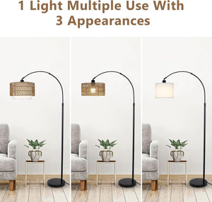 English Elm Arc Rattan Arc Floor Lamp with Remote & Dimmable LED, Height Adjustable, Boho Farmhouse Glow Brown+Black W2738P227438