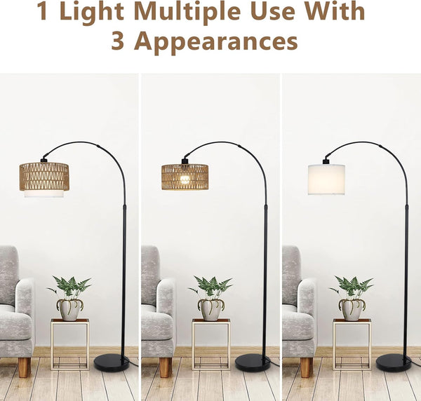 English Elm Arc Rattan Arc Floor Lamp with Remote & Dimmable LED, Height Adjustable, Boho Farmhouse Glow Brown+Black W2738P227438