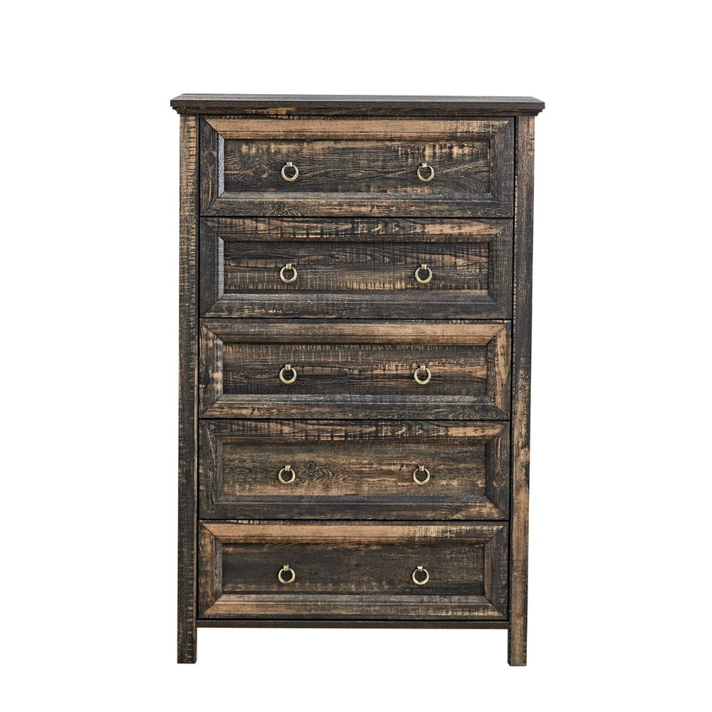 English Elm Farmhouse Tall Five Drawer Chest Rustic Oak Barn Door Style Organizer for Bedroom W2393P197394