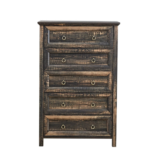 English Elm Farmhouse Tall Five Drawer Chest Rustic Oak Barn Door Style Organizer for Bedroom W2393P197394