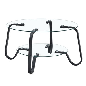 English Elm Retro Industrial Square Coffee Table Dual Tier Tempered Glass and Powder Coated Metal Frame Black W3875P373154