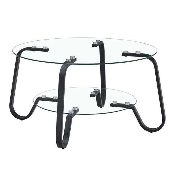 English Elm Retro Industrial Square Coffee Table Dual Tier Tempered Glass and Powder Coated Metal Frame Black W3875P373154