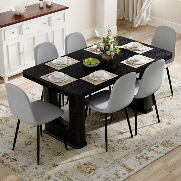 English Elm Table Set - Modern Black Wood Textured Dining Table With 6 Stylish Light Gray Linen-Cotton Chairs W1151S04317-GIGA