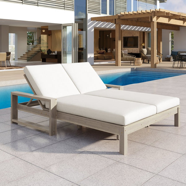 English Elm Trexm Outdoor Acacia Wood Double Chaise Lounge with Adjustable Backrests and Cushions Grey TM000031AAE