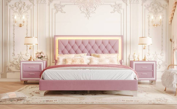 English Elm Queen Velvet Upholstered Bed Frame with LED Ambiance, Tufted Headboard, Sturdy Slat Support Pink 63.98 L x 23.23 W x 5.91 H N733P183657H