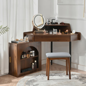 English Elm Corner Makeup Vanity Desk with 360° Rotating LED Mirror, Adjustable Brightness, L-Shaped Corner Design and Pull-Out Storage for Small Spaces Walnut N844P263663W