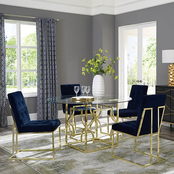 English Elm Krista Round Tempered Glass Dining Table with Geometric Brass Sculpted Base B062S01826