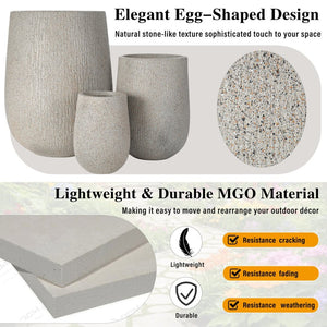 English Elm U_style Set of 3 Egg Shaped Mgo Stone Look Planters with Drainage Patio Garden N711P406659E