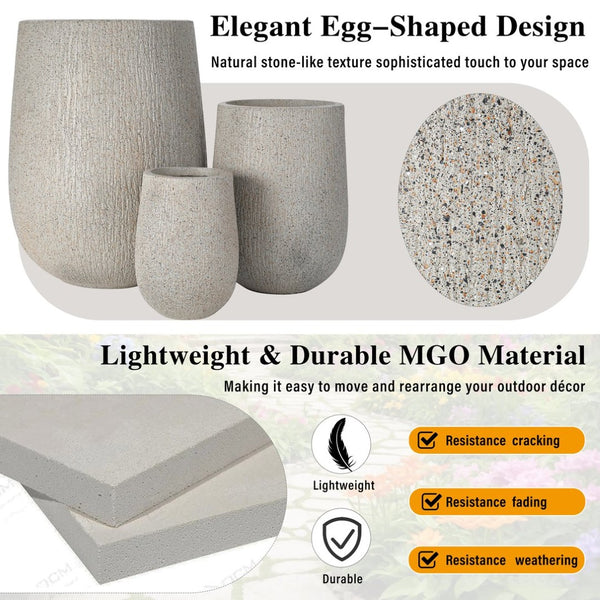 English Elm U_style Set of 3 Egg Shaped Mgo Stone Look Planters with Drainage Patio Garden N711P406659E