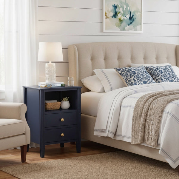 English Elm Winston 2-Drawer Storage Nightstand with Brushed Gold Knobs, Open Shelf, Fluted Legs, No Assembly Dark Blue B050P376957