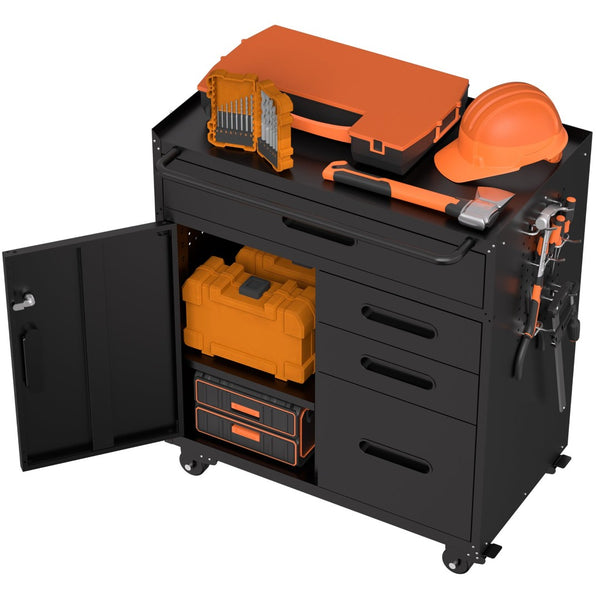 English Elm 34.3" Rolling Steel Tool Cabinet with 3 Drawers Lockable Doors and Pegboard Side Panels T2398P442674