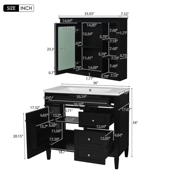 English Elm 36'' Modern Bathroom Vanity Set With Mirror, 2 Drawers, Tip-Out Storage & 6 Open Shelves For Organization N710S236006B
