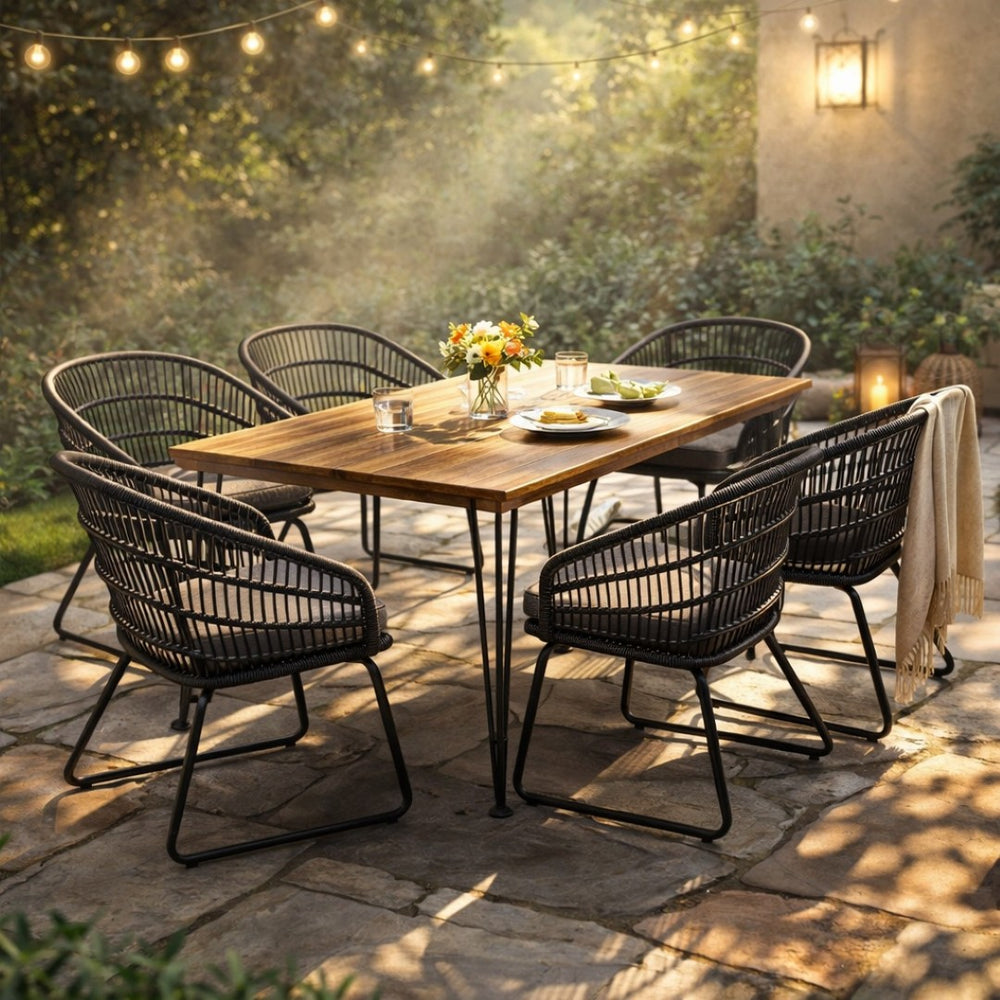 English Elm 7 Piece Outdoor Dining Set Acacia Wood Table with Rattan Tub Chairs Seats Six N762S000018AAE
