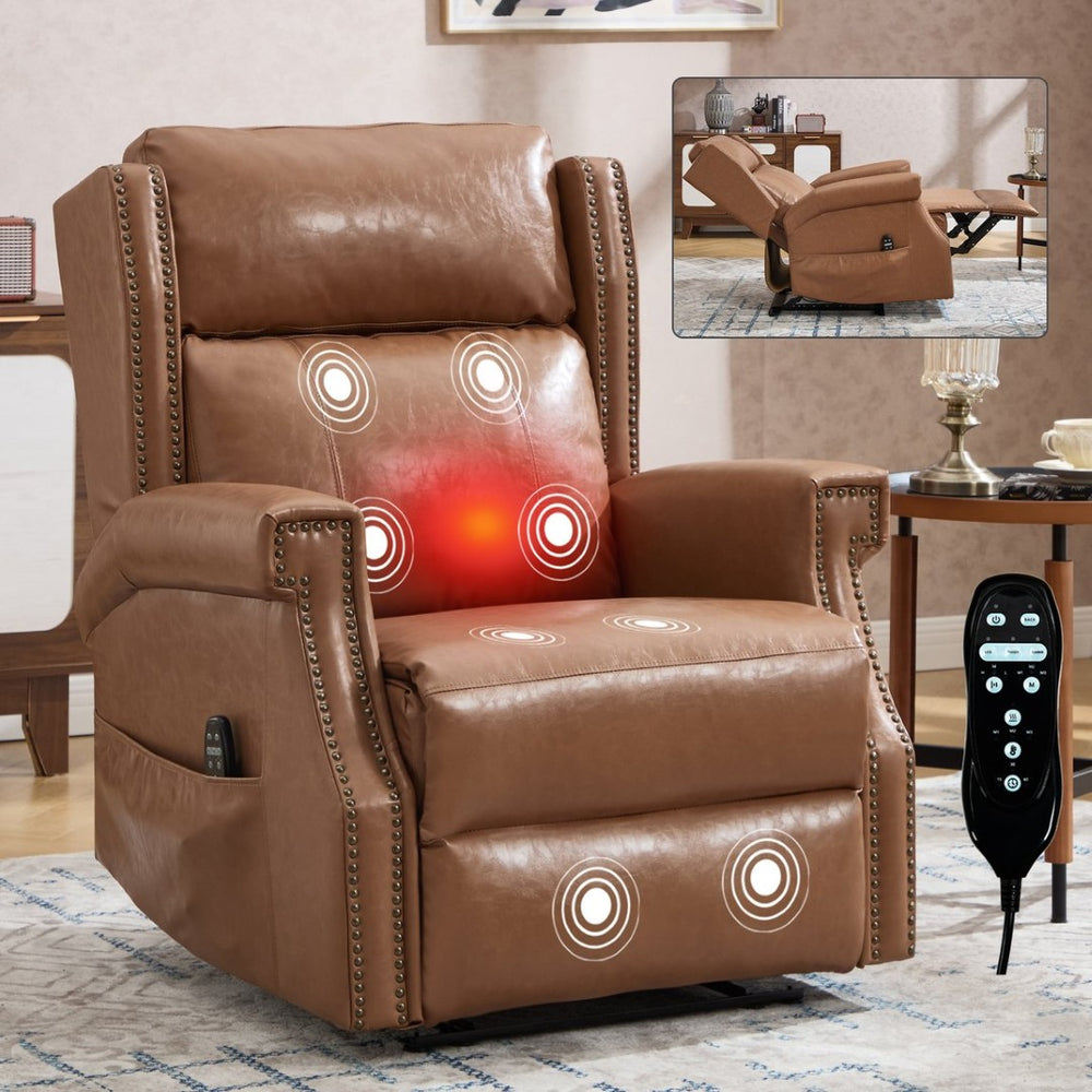 English Elm Emon's Overstuffed Chenille Power Lift Recliner with Massage Heat and Charging Ports Camel W1803S00093