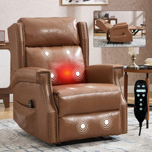 English Elm Emon's Overstuffed Chenille Power Lift Recliner with Massage Heat and Charging Ports Camel W1803S00093