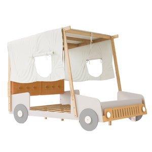 English Elm Wood Full Size Car Bed with LED Night Lights, Pine Frame, Imaginative Canopy & Cozy Pillow (Natural) WF309289AAM