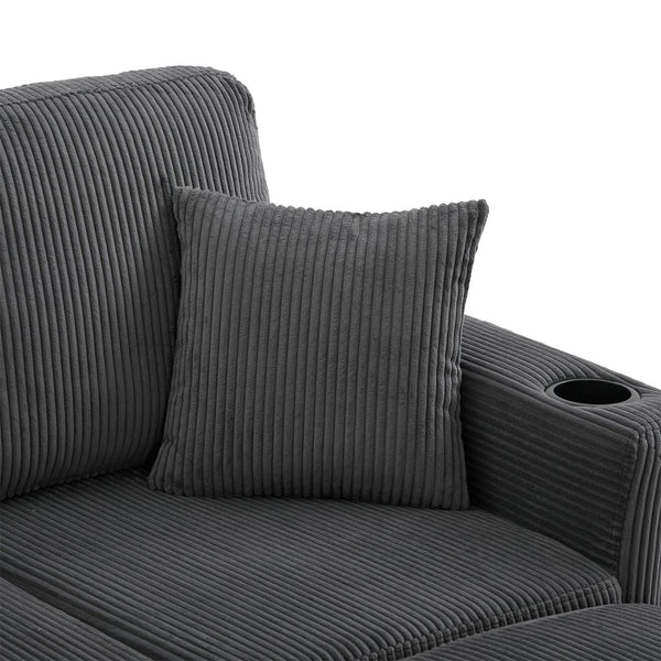 English Elm UNITED Corduroy L-Shaped Sectional Sofa with Storage Ottoman, USB Ports, Cup Holders & LED Lighting Dark Gray W1568P332407